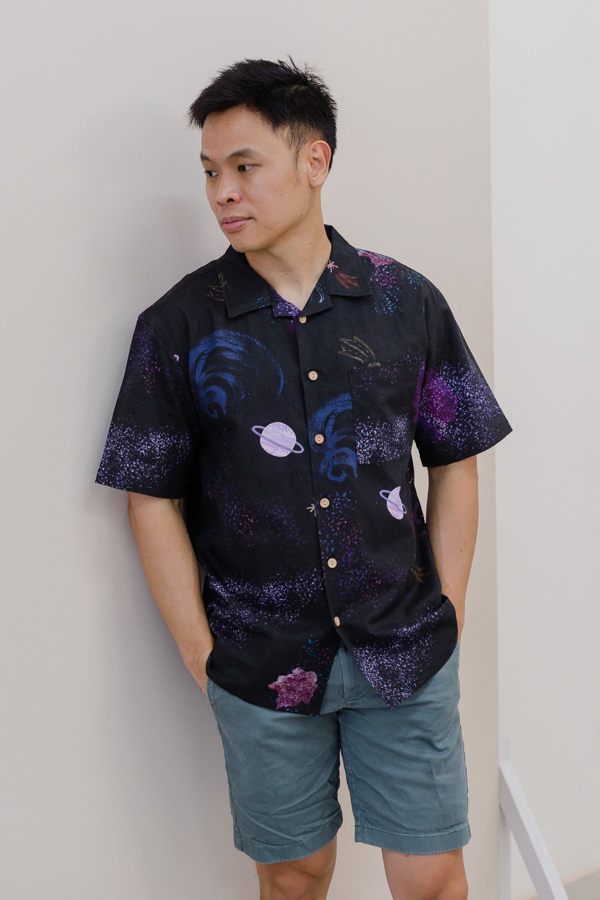 Constellations Men's Camp Collar Linen Shirt in Eclipse - First Stitch