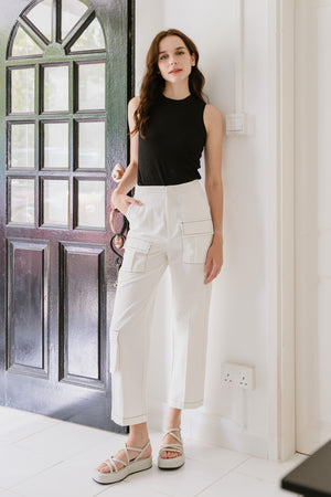 Max Contrast Stitch Cargo Pants in White [ONLINE ONLY] - First Stitch