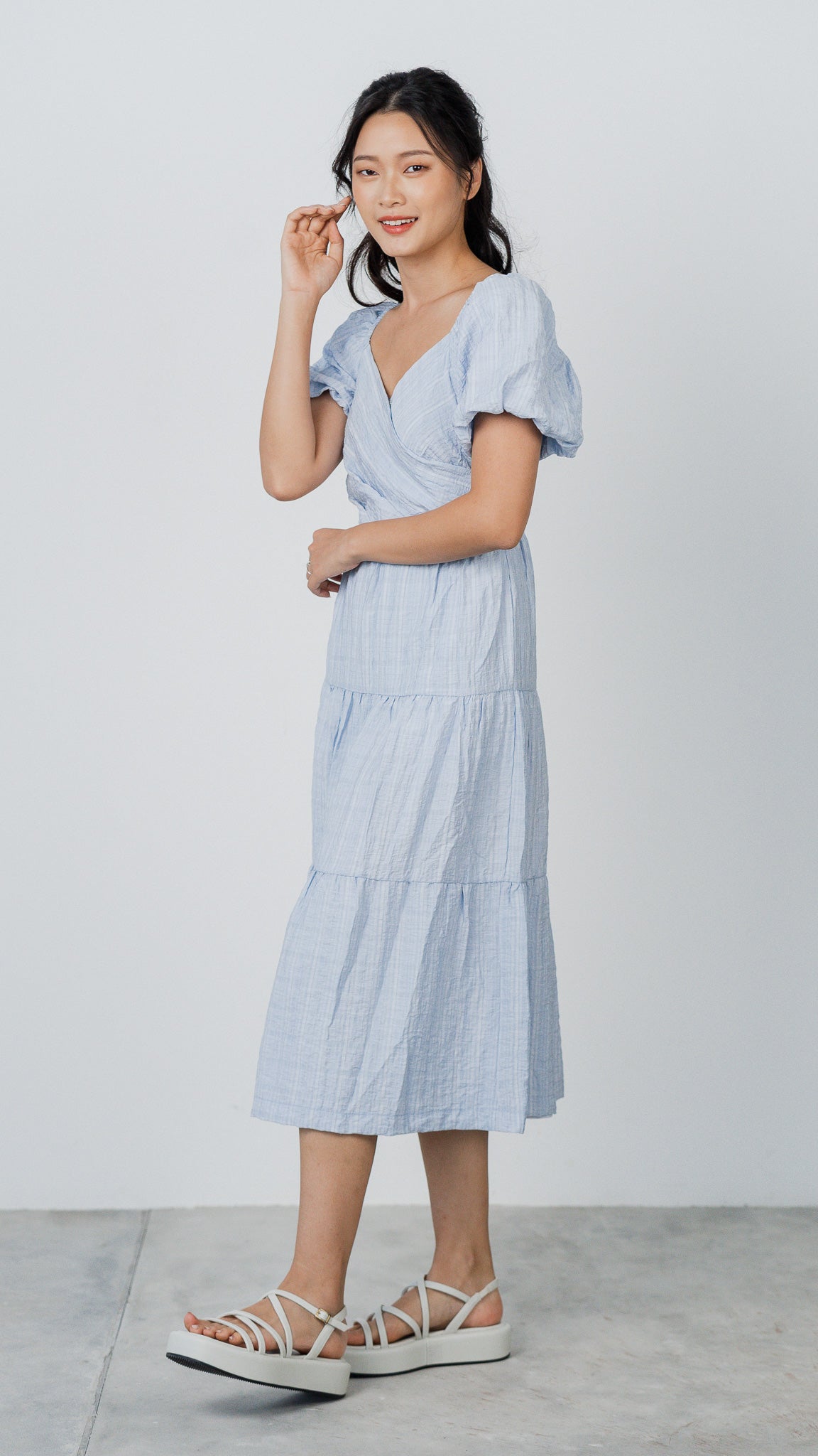 Crossroads Checkered Midi Dress in Light Blue ONLINE ONLY First Stitch