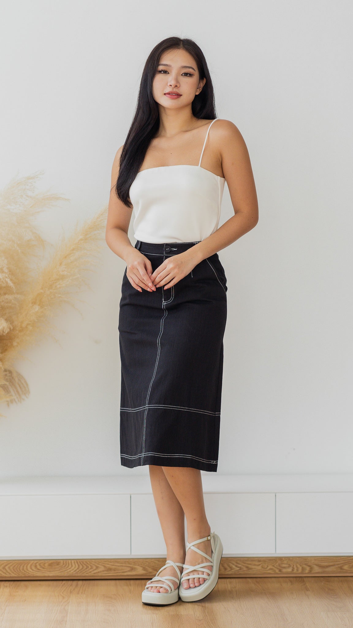 Havana Contrast Stitch Midi Skirt in Black [ONLINE ONLY] - First ...