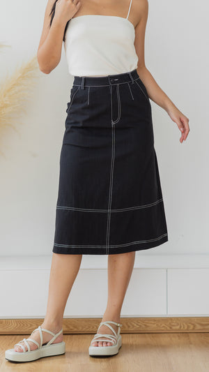 Havana Contrast Stitch Midi Skirt in Black - First Stitch