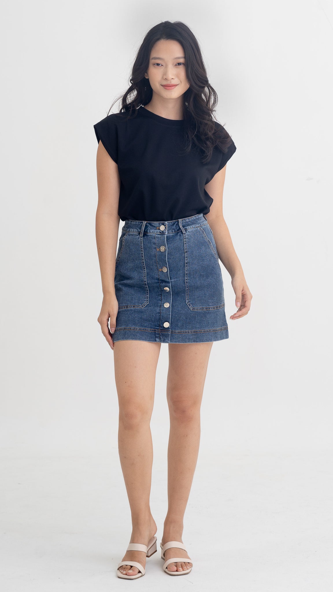 SHEIN Essnce Button Through A-Line Denim Skirt | SHEIN