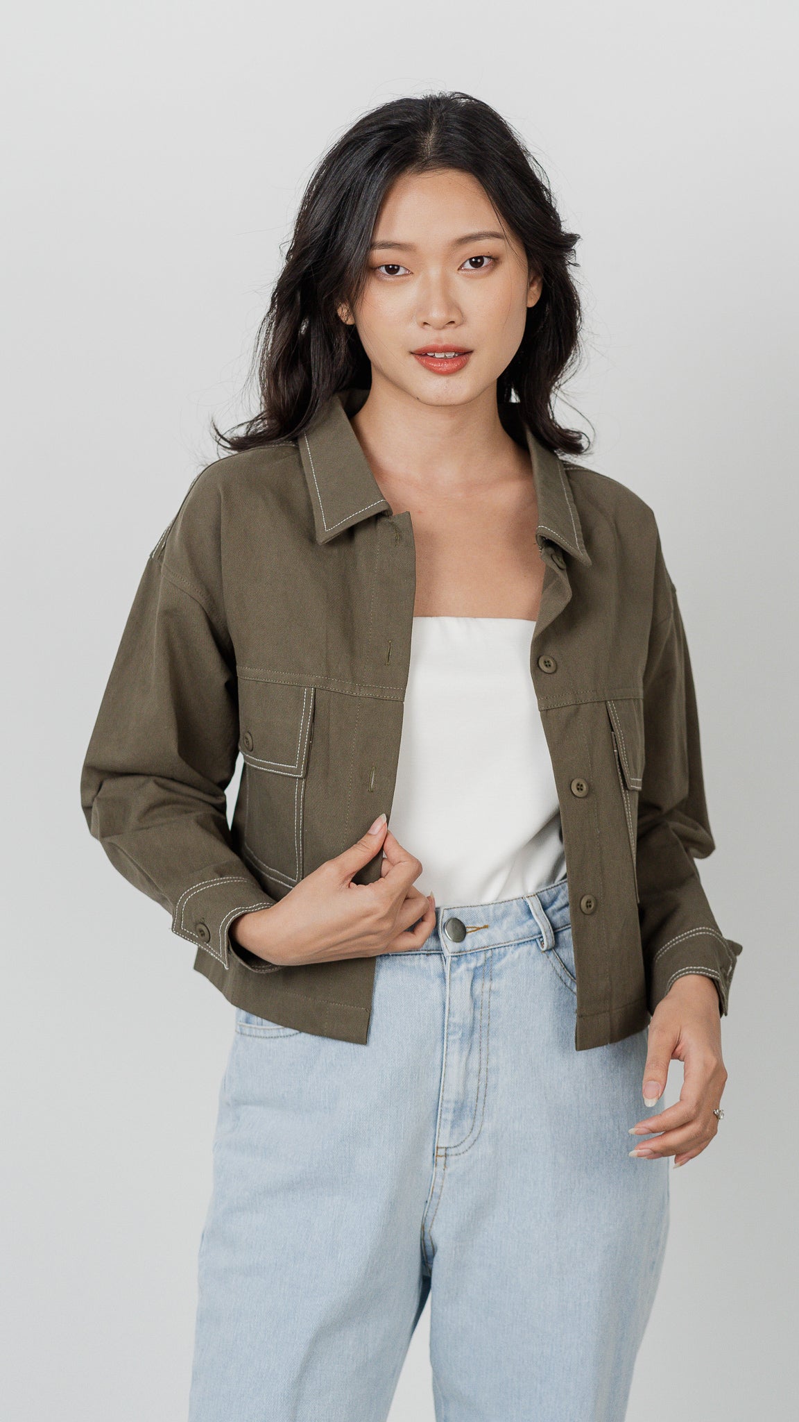 Maida Contrast Stitch Jacket in Army Green First Stitch