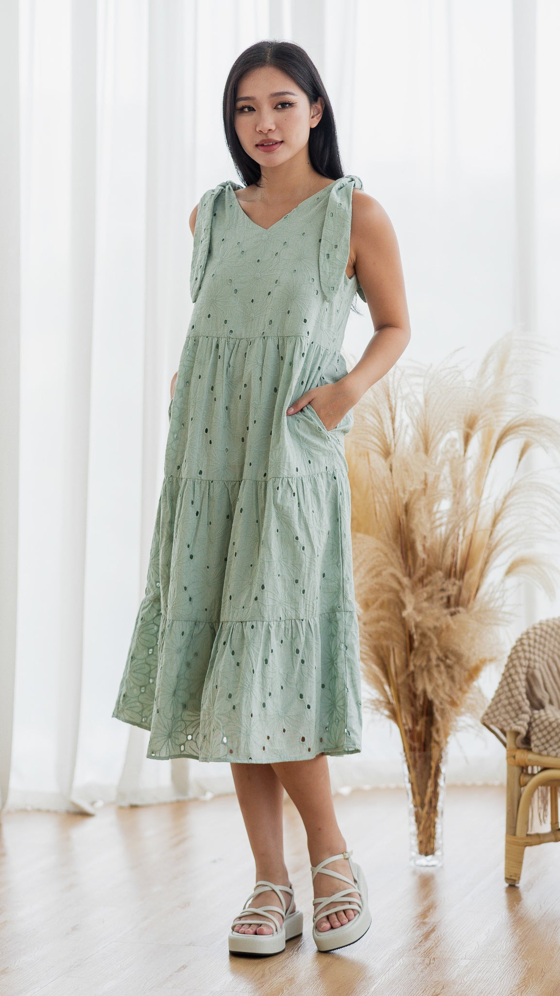 Jemma Broderie Tiered Midi Dress in Sage Green [ONLINE ONLY] - First Stitch