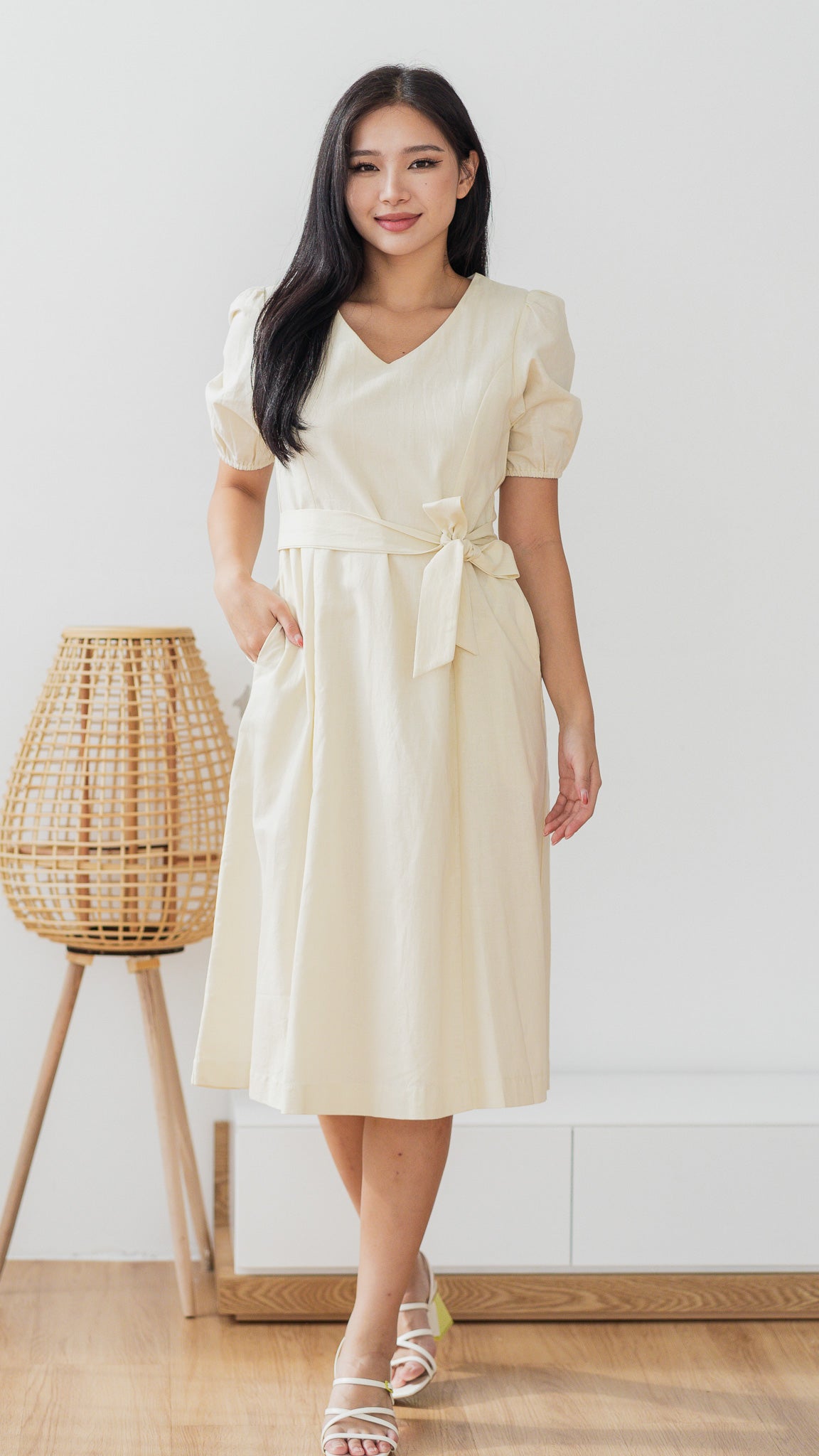 Beige midi sales dress with sleeves