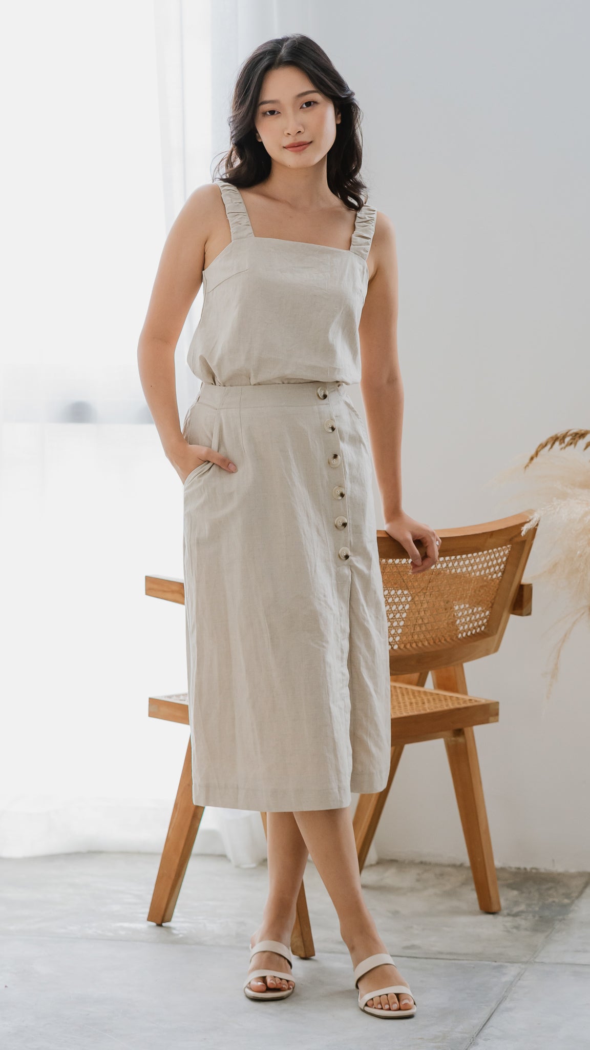 Thea Wide Strap Linen Camisole in Linen Gray [ONLINE ONLY] - First