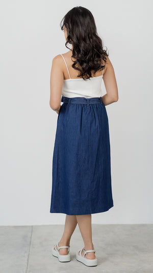 A Perfect Day Denim Midi Skirt in Dark Wash - First Stitch