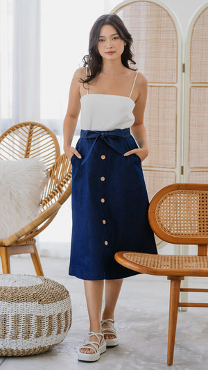 A Perfect Day Denim Midi Skirt in Dark Wash - First Stitch